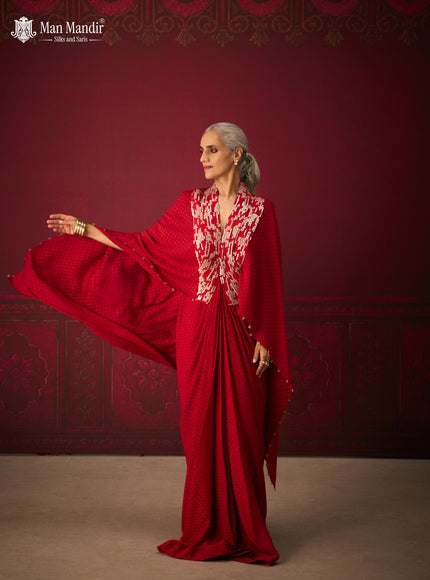 Red Crepe Indo-Western Gown with Embroidered Cape