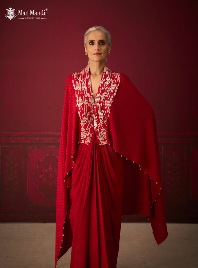 Red Crepe Indo-Western Gown with Embroidered Cape