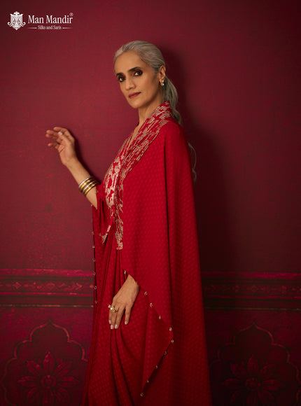 Red Crepe Indo-Western Gown with Embroidered Cape