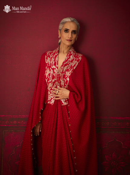 Red Crepe Indo-Western Gown with Embroidered Cape