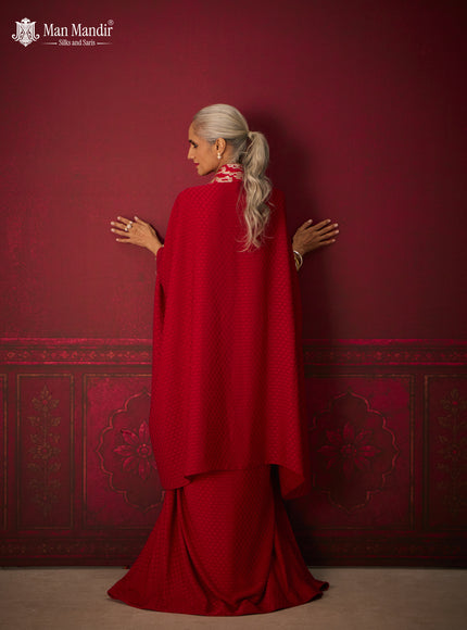 Red Crepe Indo-Western Gown with Embroidered Cape