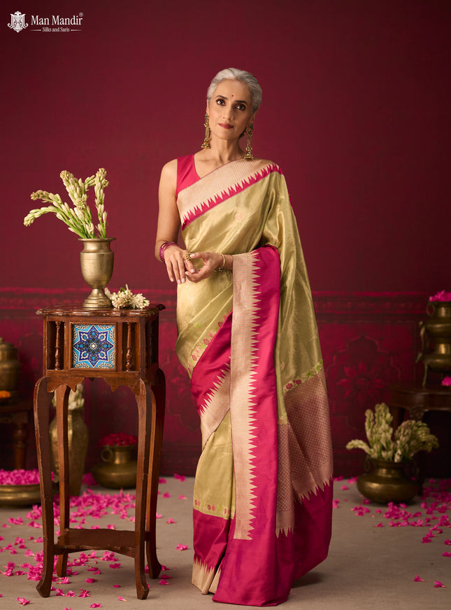 Pista Green - Magenta Banarasi Tissue Silk Saree