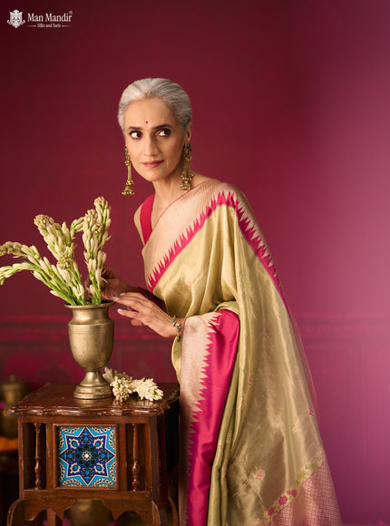 Pista Green - Magenta Banarasi Tissue Silk Saree