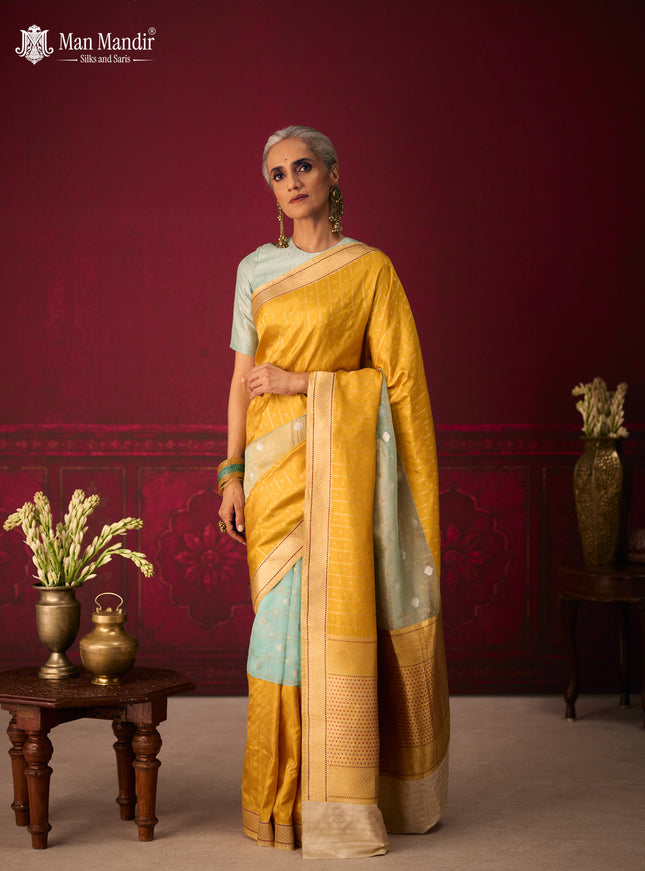 Sea Green - Yellow Banarasi Kora Silk Saree