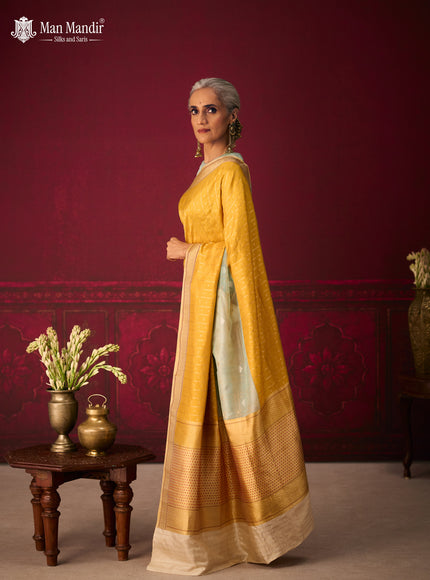 Sea Green - Yellow Banarasi Kora Silk Saree