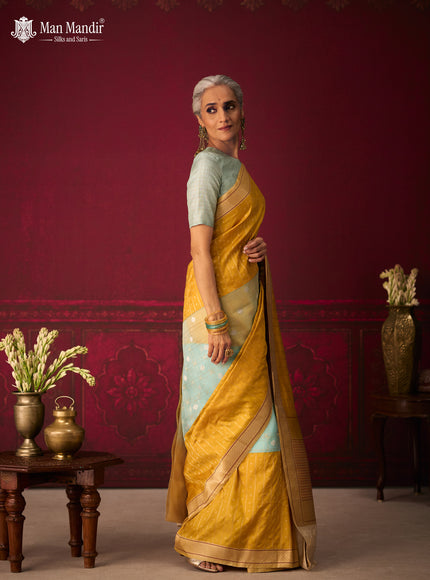 Sea Green - Yellow Banarasi Kora Silk Saree