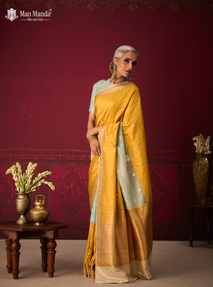 Sea Green - Yellow Banarasi Kora Silk Saree