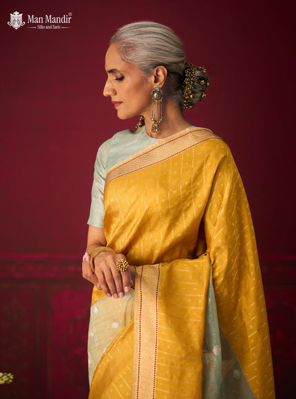 Sea Green - Yellow Banarasi Kora Silk Saree