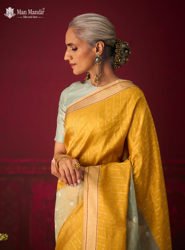 Sea Green - Yellow Banarasi Kora Silk Saree