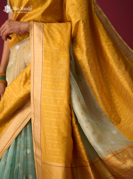Sea Green - Yellow Banarasi Kora Silk Saree