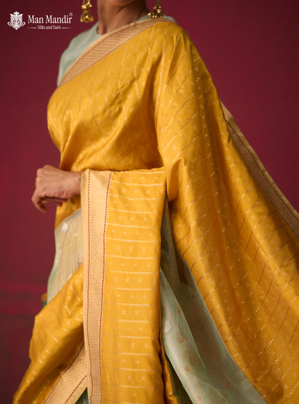 Sea Green - Yellow Banarasi Kora Silk Saree