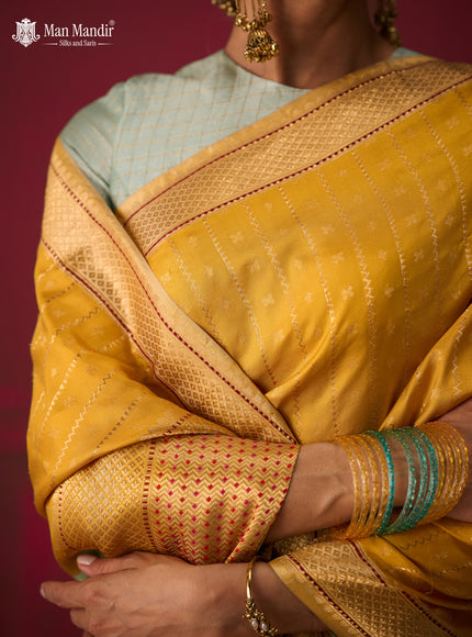 Sea Green - Yellow Banarasi Kora Silk Saree