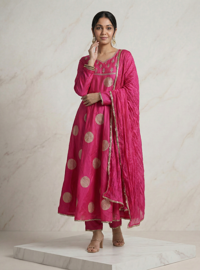 Hot Pink Raw Silk Embroidered Neck Line Anarkali Set With Pant And Dupatta