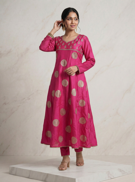 Hot Pink Raw Silk Embroidered Neck Line Anarkali Set With Pant And Dupatta