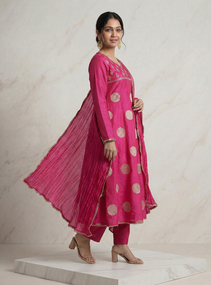 Hot Pink Raw Silk Embroidered Neck Line Anarkali Set With Pant And Dupatta