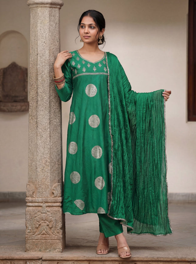 Green Raw Silk Embroidered Neck Line Anarkali Set With Pant And Dupatta
