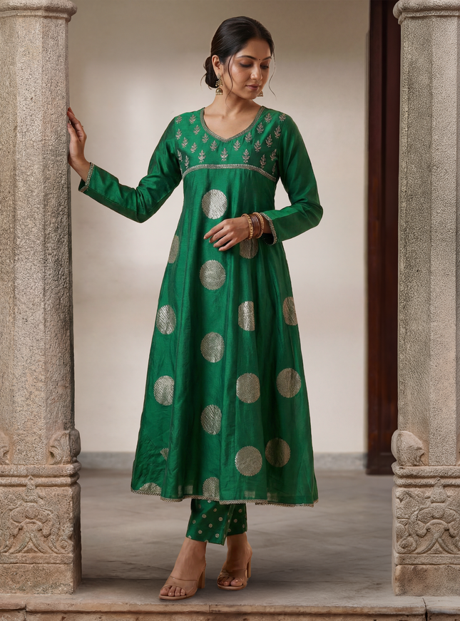 Green Raw Silk Embroidered Neck Line Anarkali Set With Pant And Dupatta
