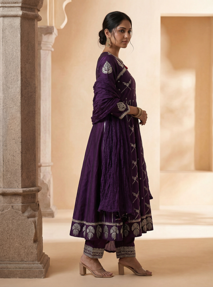 Purple Embroidered Raw Silk Anarkali Set With Pant And Dupatta