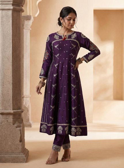 Purple Embroidered Raw Silk Anarkali Set With Pant And Dupatta