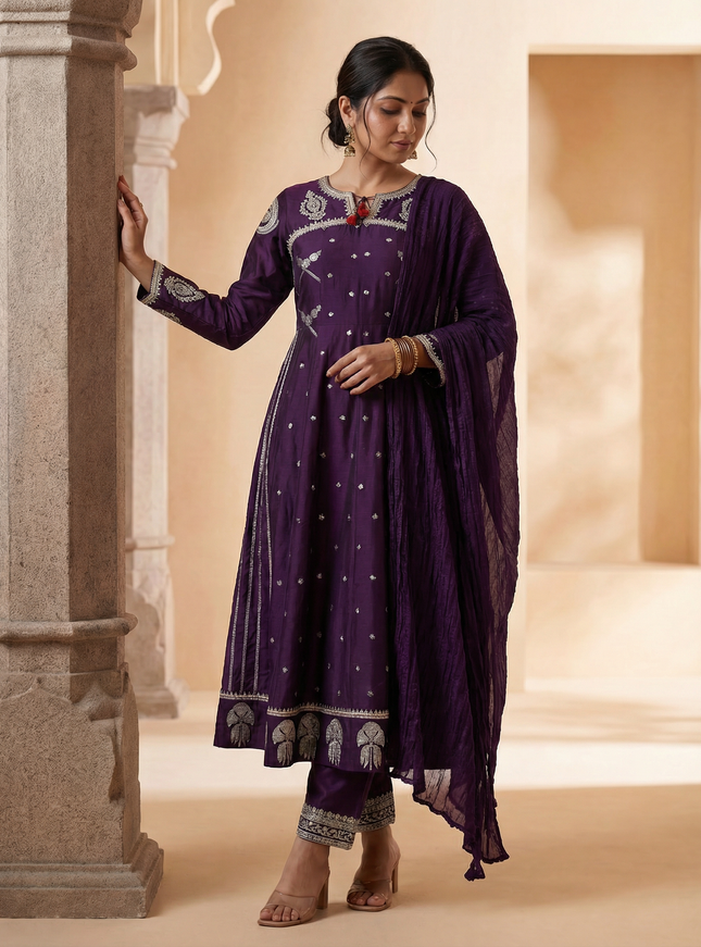 Purple Embroidered Raw Silk Anarkali Set With Pant And Dupatta