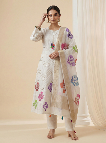 Off white Mul Chanderi Anarkali Suit