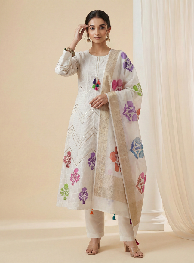 Off white Mul Chanderi Anarkali Suit