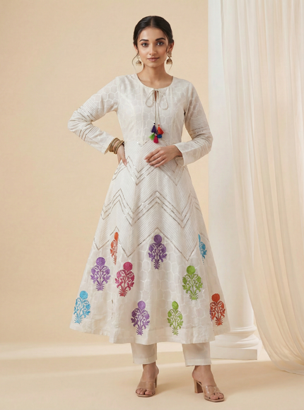 Off white Mul Chanderi Anarkali Suit
