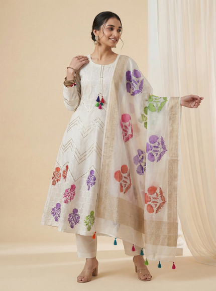 Off white Mul Chanderi Anarkali Suit