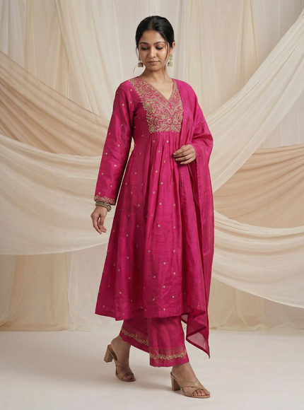 Pink Raw Silk Zardosi Embroidered Anarkali Suit