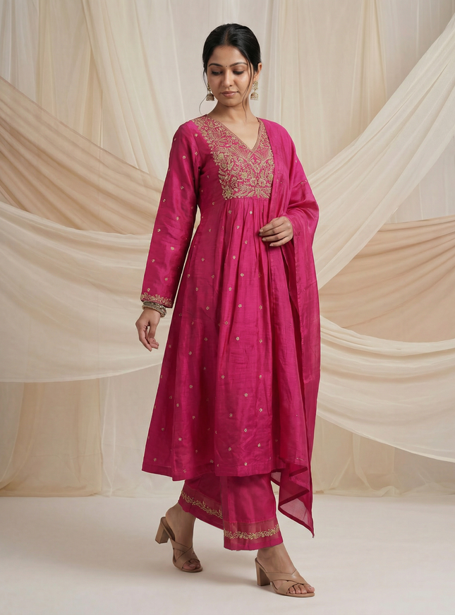 Pink Raw Silk Zardosi Embroidered Anarkali Suit