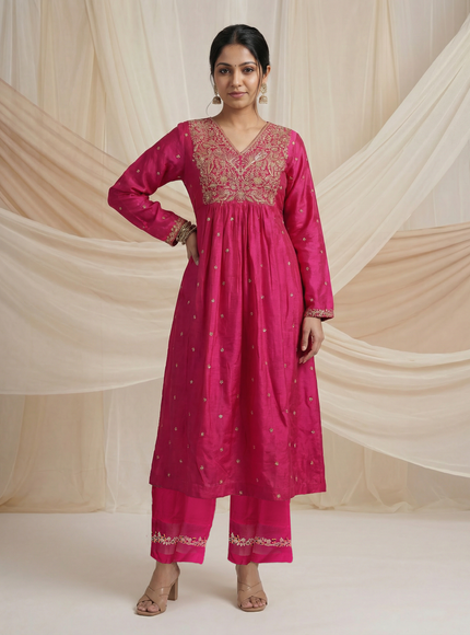 Pink Raw Silk Zardosi Embroidered Anarkali Suit
