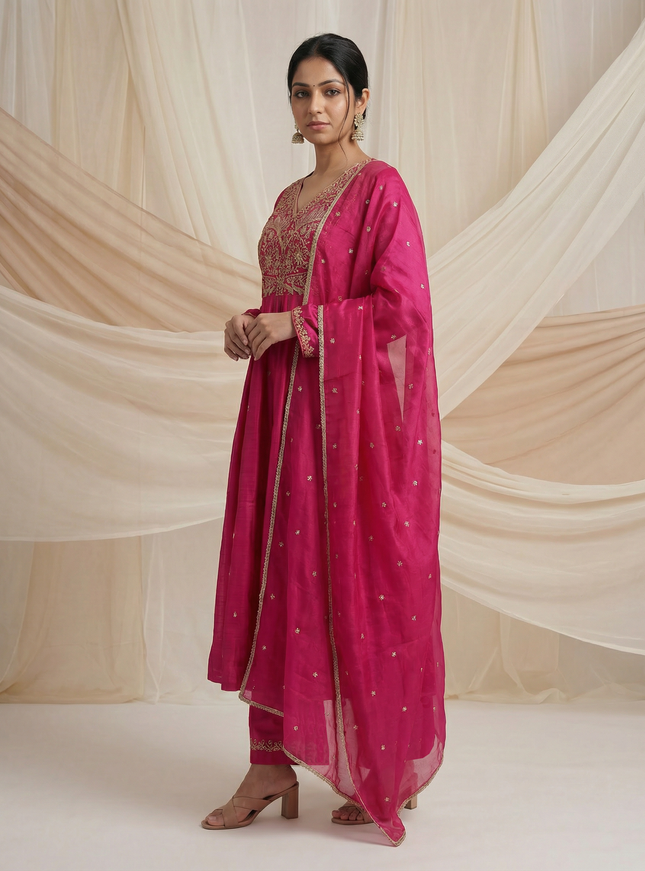 Pink Raw Silk Zardosi Embroidered Anarkali Suit
