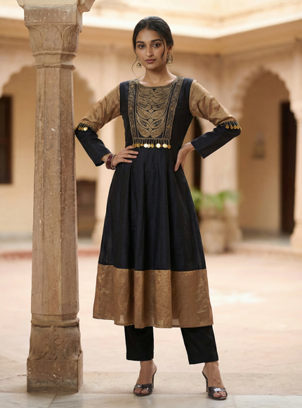 Black Tussar Anarkali Suit With Zardosi And Sequins Hand Embroidery