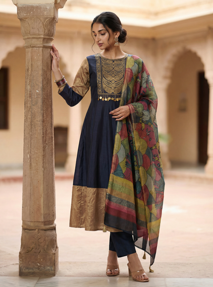 Black Tussar Anarkali Suit With Zardosi And Sequins Hand Embroidery