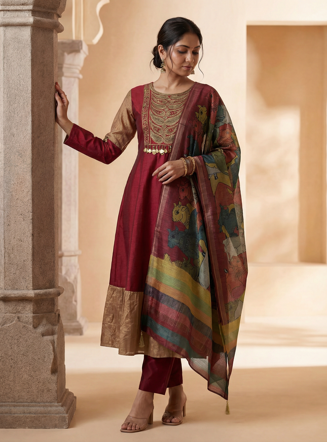 Maroon Tussar Anarkali Suit With Zardosi And Sequins Hand Embroidery