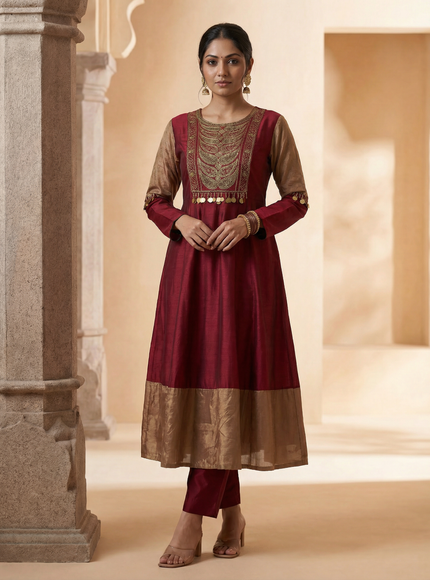 Maroon Tussar Anarkali Suit With Zardosi And Sequins Hand Embroidery