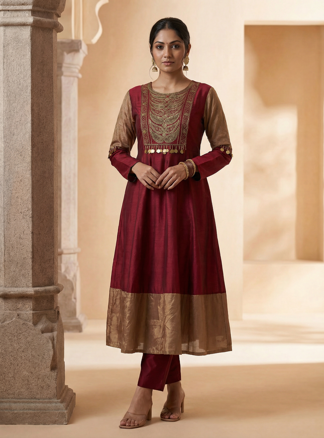 Maroon Tussar Anarkali Suit With Zardosi And Sequins Hand Embroidery