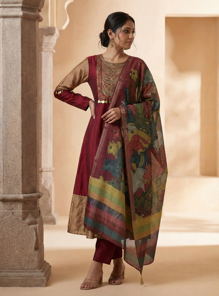 Maroon Tussar Anarkali Suit With Zardosi And Sequins Hand Embroidery