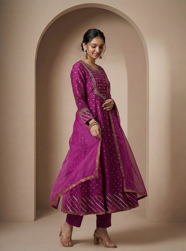 Purple Embroidered Silk Anarkali Suit With Pant And Dupatta