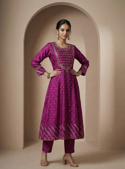 Purple Embroidered Silk Anarkali Suit With Pant And Dupatta