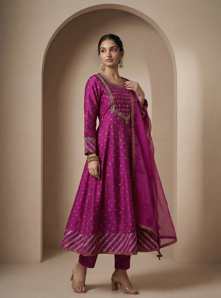 Purple Embroidered Silk Anarkali Suit With Pant And Dupatta