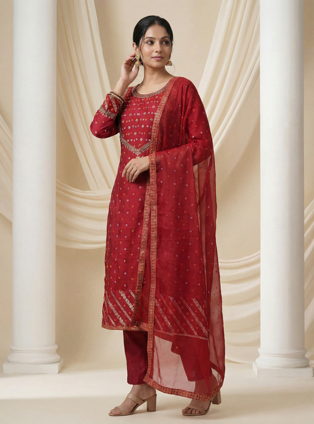 Maroon Embroidered Silk Anarkali Suit