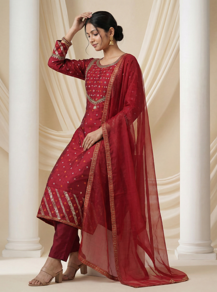Maroon Embroidered Silk Anarkali Suit