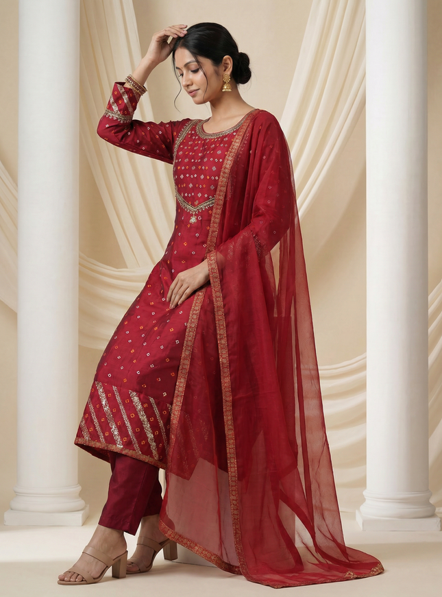 Maroon Embroidered Silk Anarkali Suit
