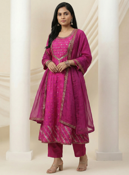 Pink Embellished Silk Anarkali Suit With Pant And Dupatta