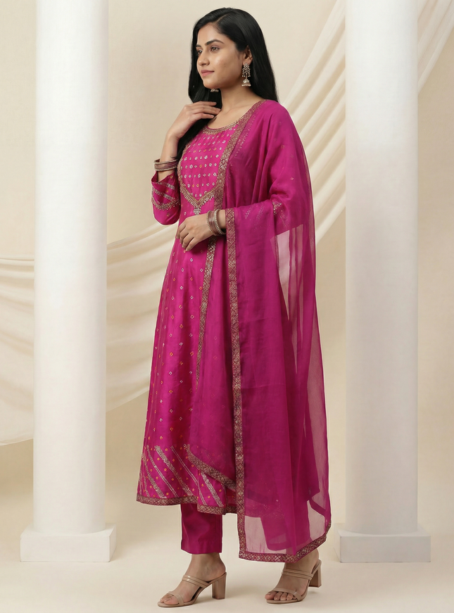 Pink Embellished Silk Anarkali Suit With Pant And Dupatta