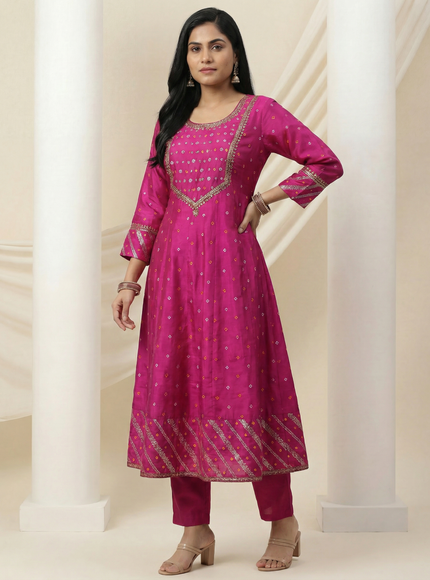 Pink Embellished Silk Anarkali Suit With Pant And Dupatta