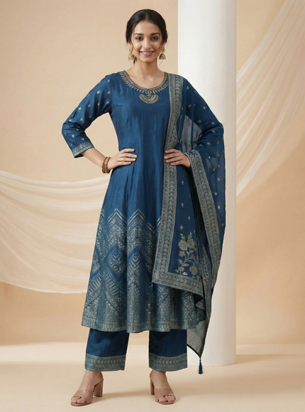 Peacock Blue Silk Embellished Anarkali Suit With Pant And Dupatta