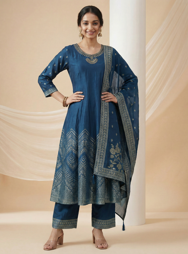 Peacock Blue Silk Embellished Anarkali Suit With Pant And Dupatta