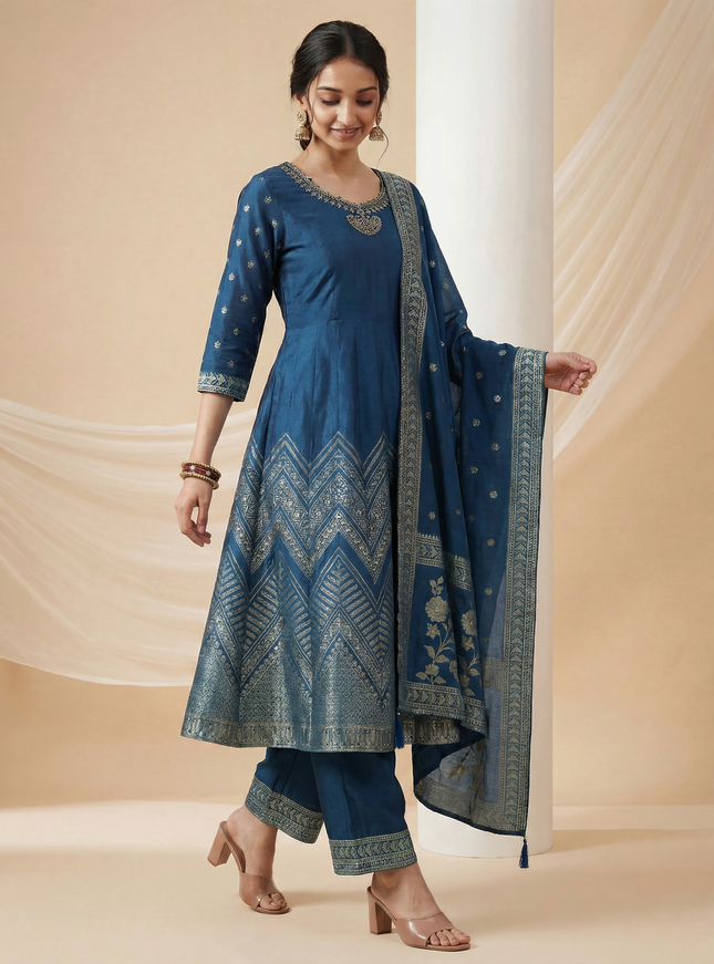 Peacock Blue Silk Embellished Anarkali Suit With Pant And Dupatta